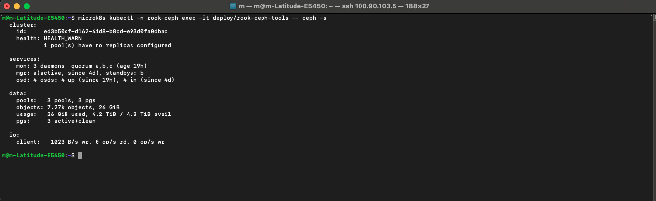 A Ceph status report in the terminal showing the Rook-Ceph storage health. It highlights a successful 26 GiB of data usage out of a total 4.3 TiB available pool, proving the distributed storage system is active across the laptop cluster.